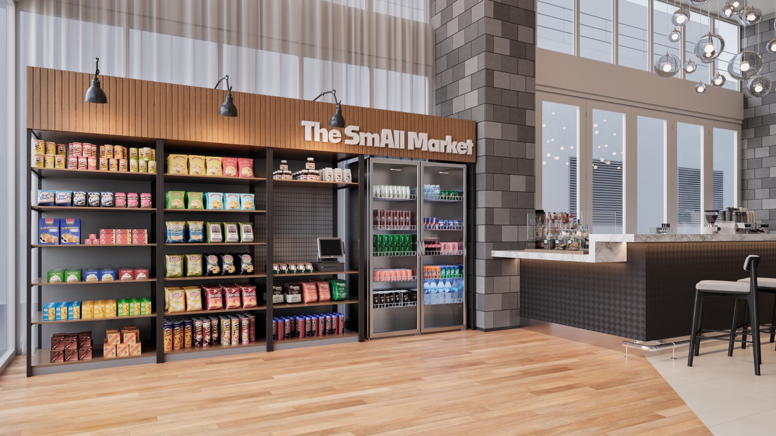 The SmAll Market interior showing modern shelving and products